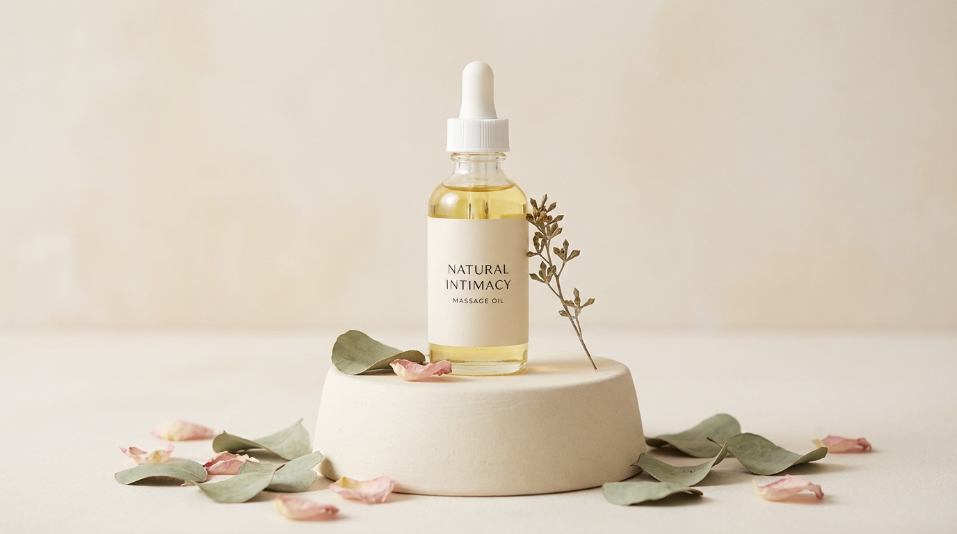 A glass intimacy massage oil bottle on cream surface with dried rose petals