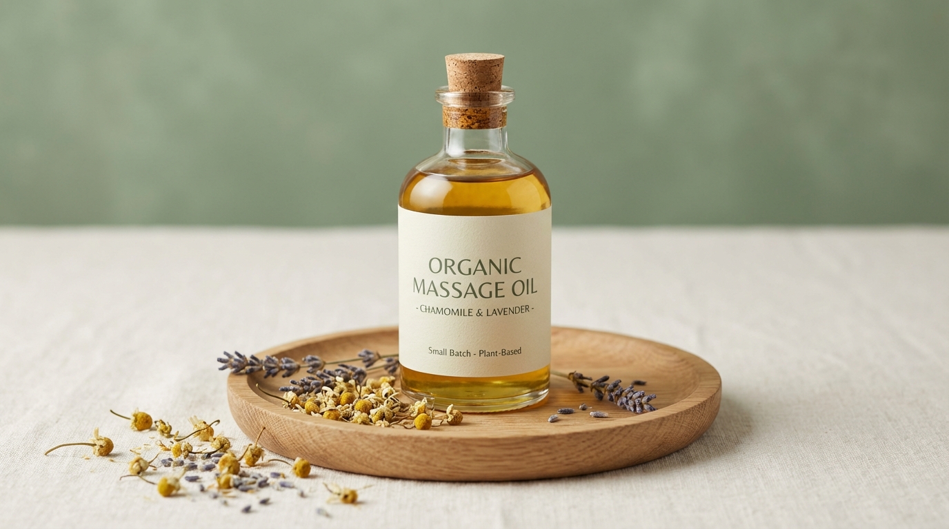 An organic massage oil bottle on a wooden tray with chamomile and lavender