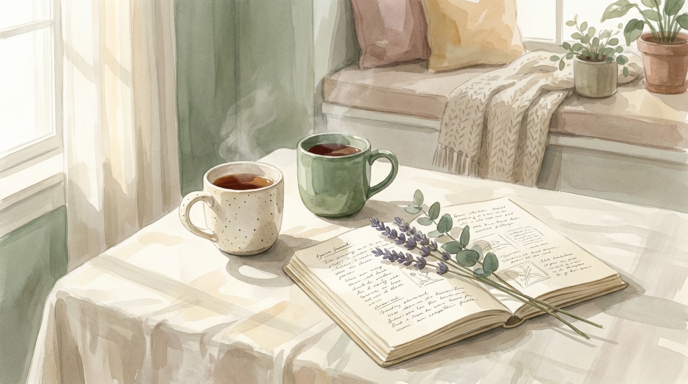 Two ceramic mugs of tea and a shared journal with dried flowers on linen