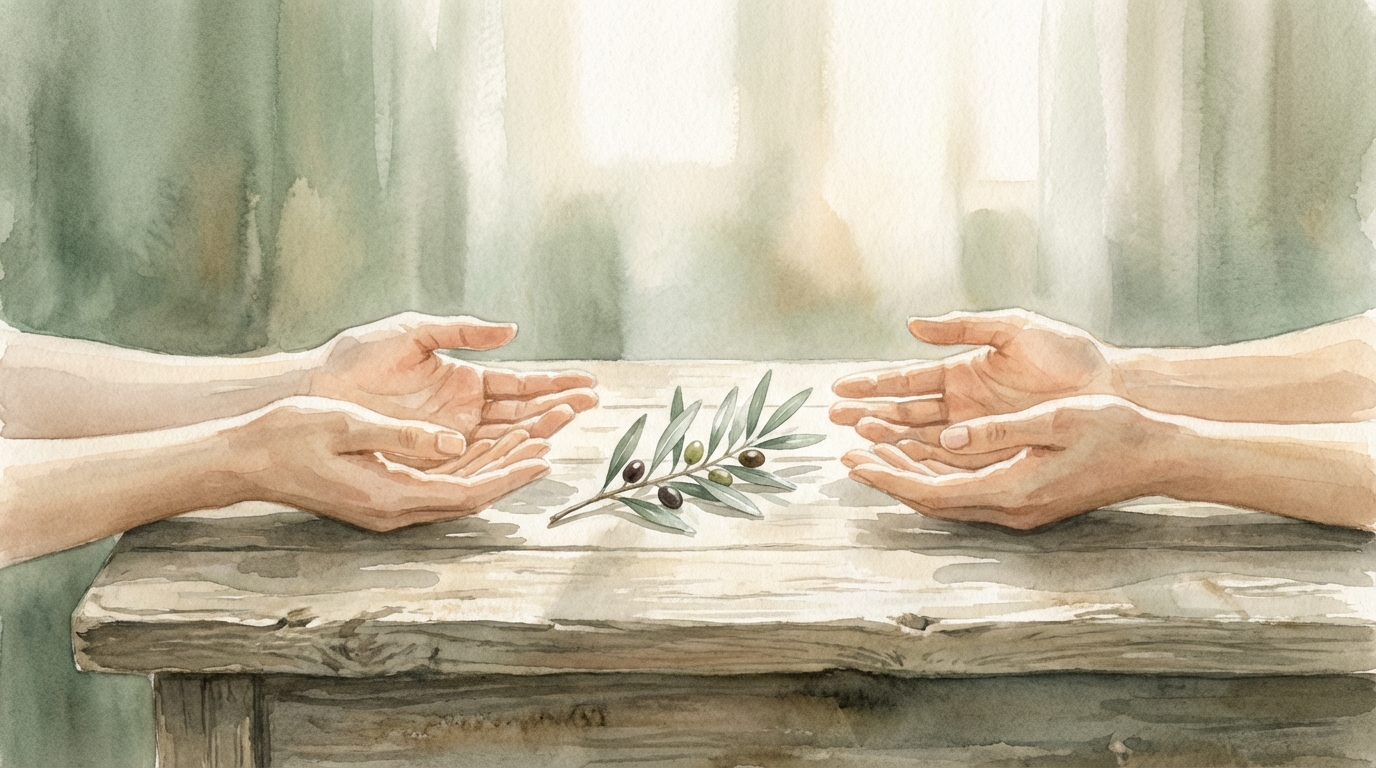 Two open hands extended toward each other with an olive branch between them