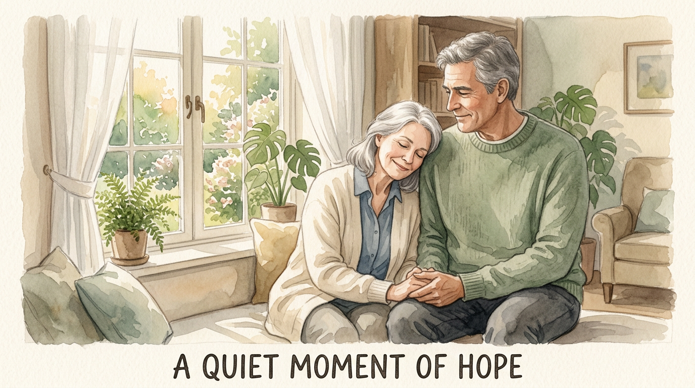 A gentle hand resting on a spouse's shoulder in soft garden window light