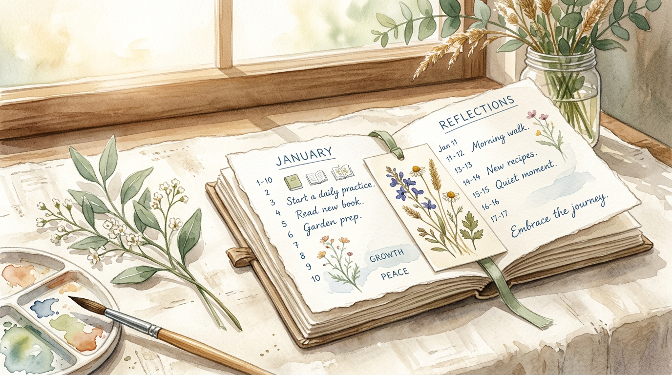 An open calendar journal with a pressed wildflower bookmark on cream linen