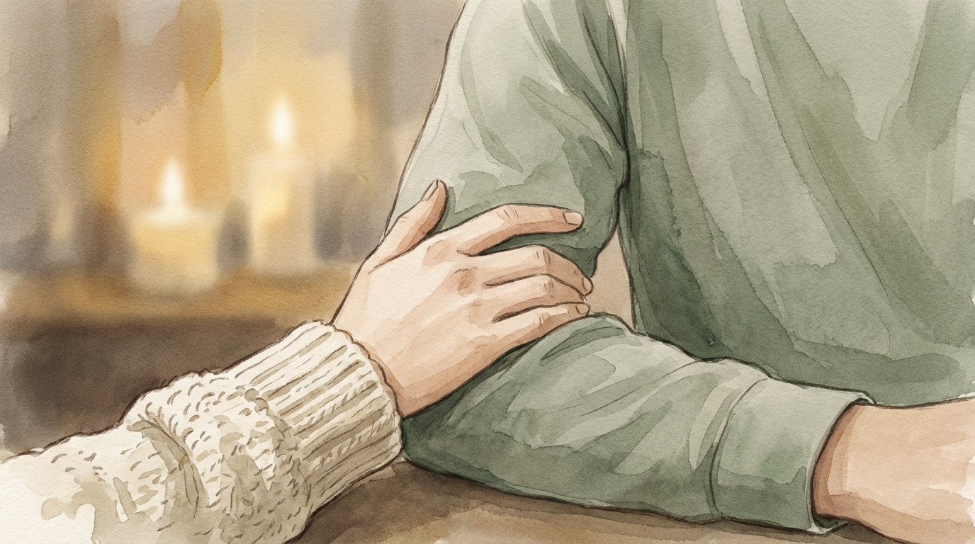 One caring hand resting on another's forearm in a tender listening gesture
