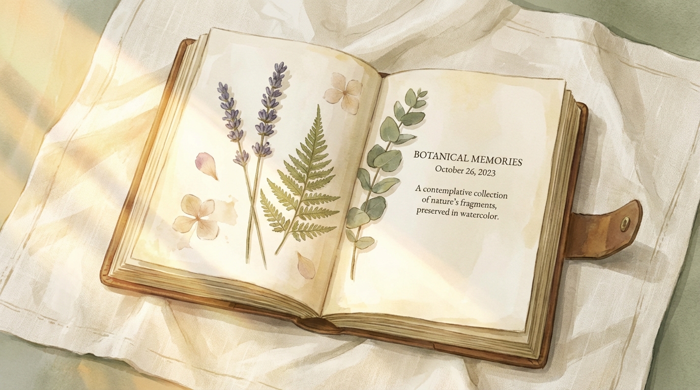 An open book with dried botanical sprigs pressed between pages on linen