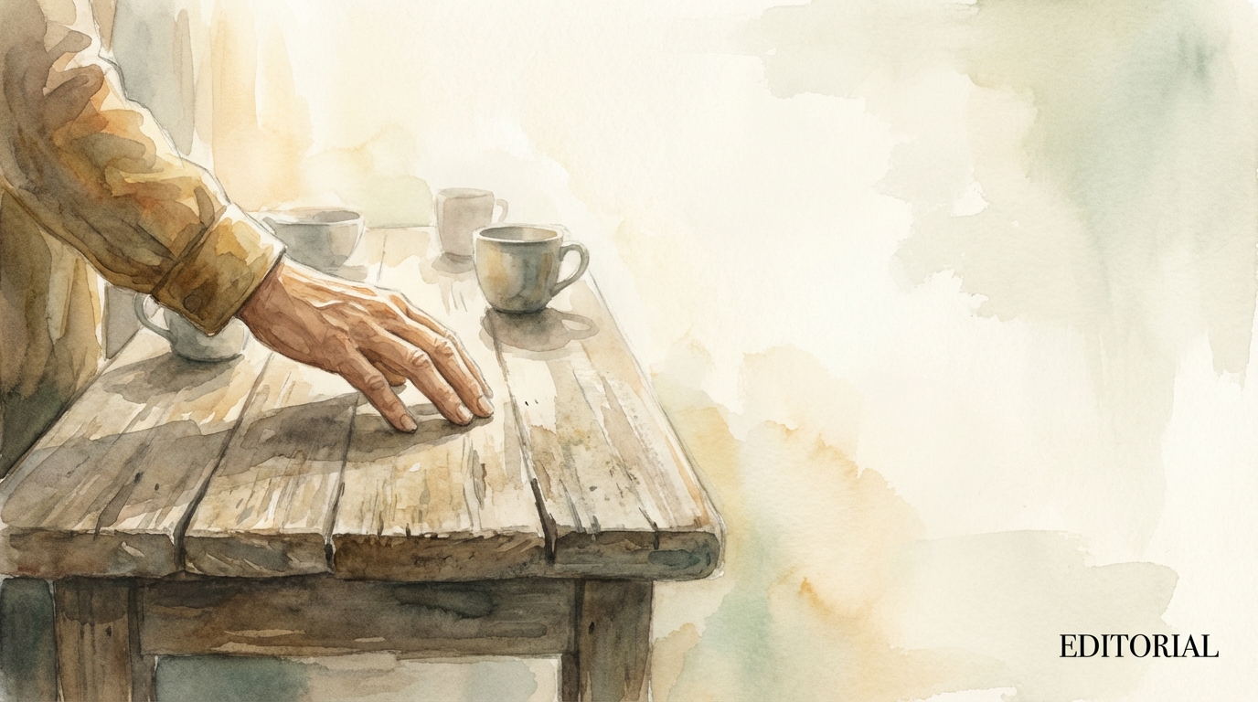 One hand extended across a weathered wooden table in a gesture of reconciliation