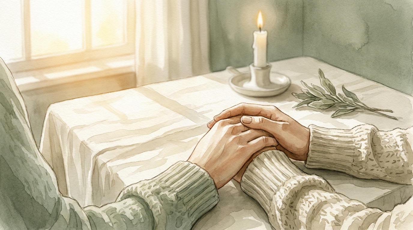 Two hands gently interlaced on a cream linen table in warm morning light