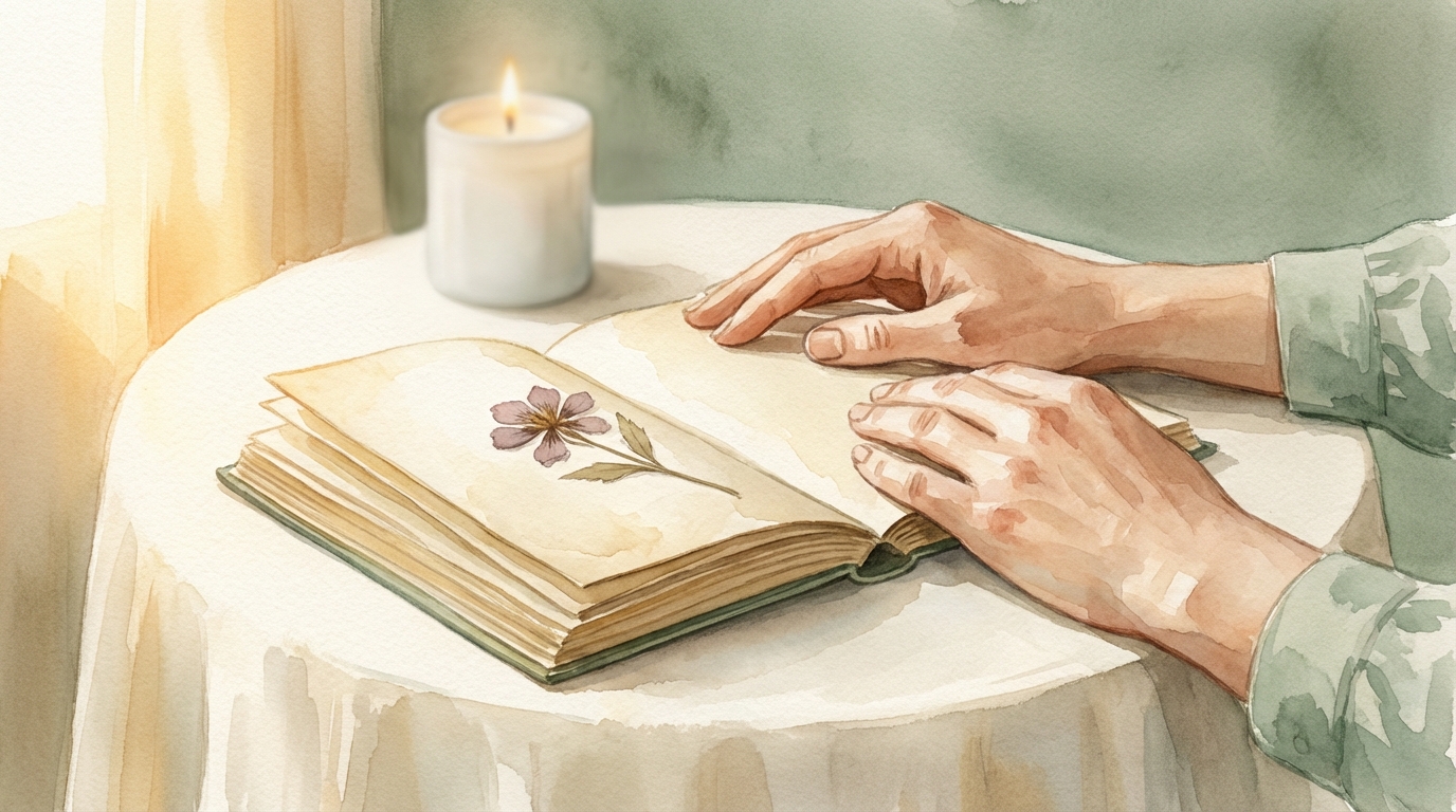 Two hands resting near an open journal with a pressed flower, by candlelight