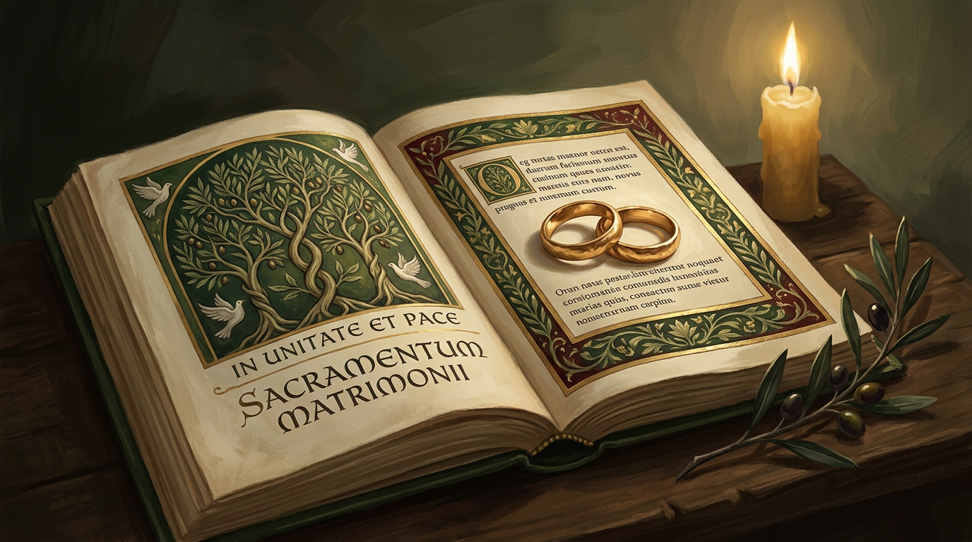 Two gold wedding rings resting on an open illuminated manuscript by candlelight