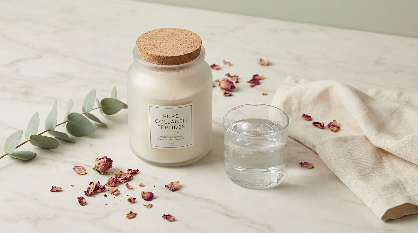 A frosted glass collagen jar on marble surrounded by dried rose petals