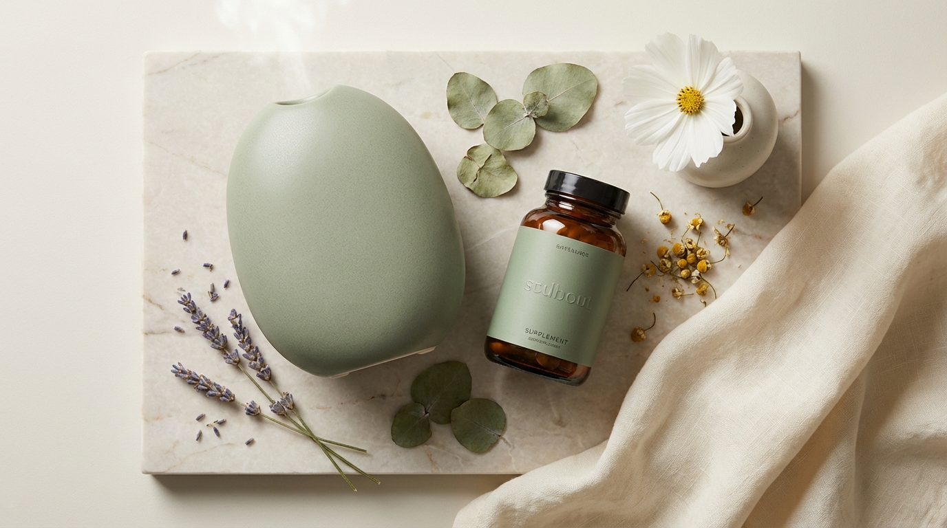 A wellness device and supplement bottle on marble with a white flower and linen