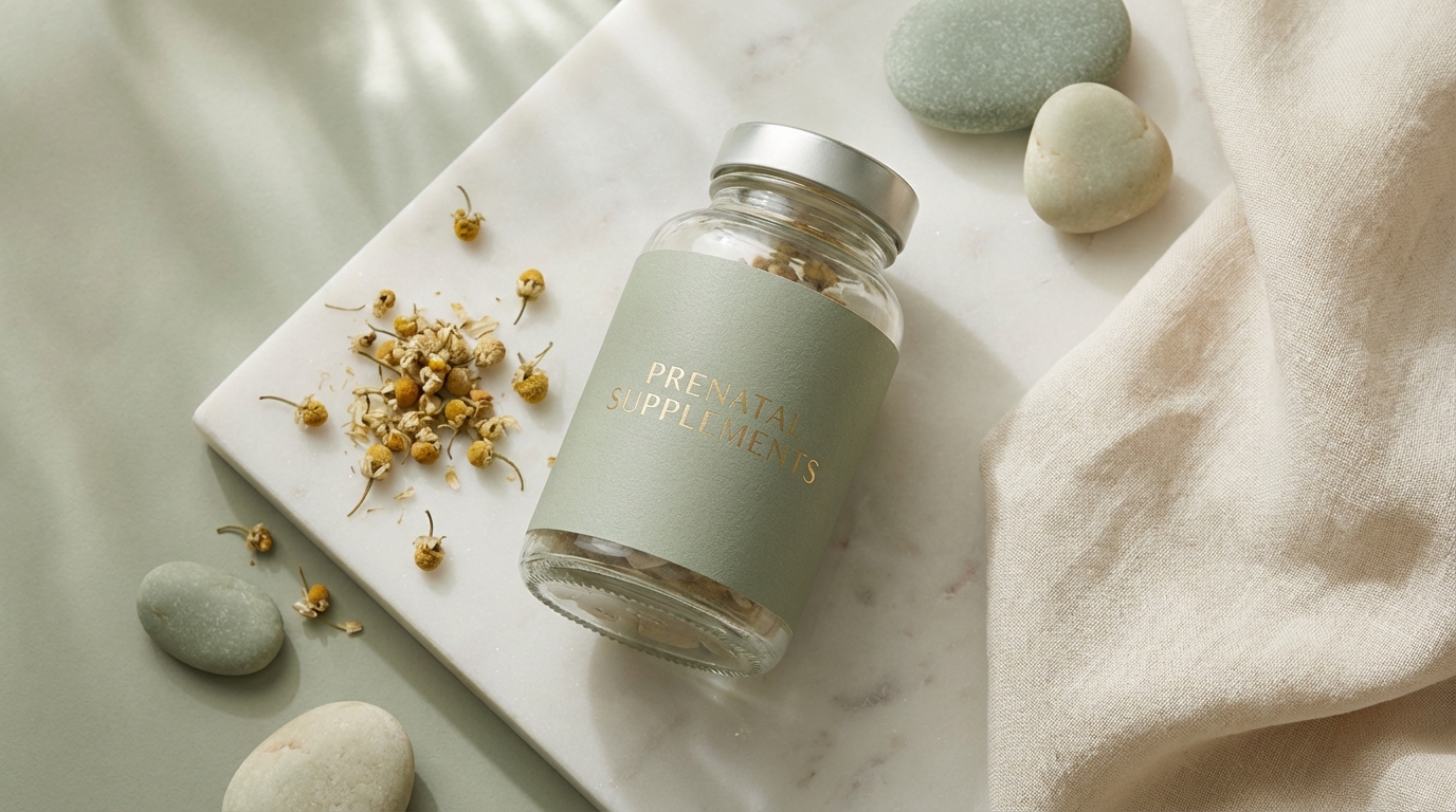 A glass prenatal vitamin bottle on marble surrounded by dried chamomile flowers