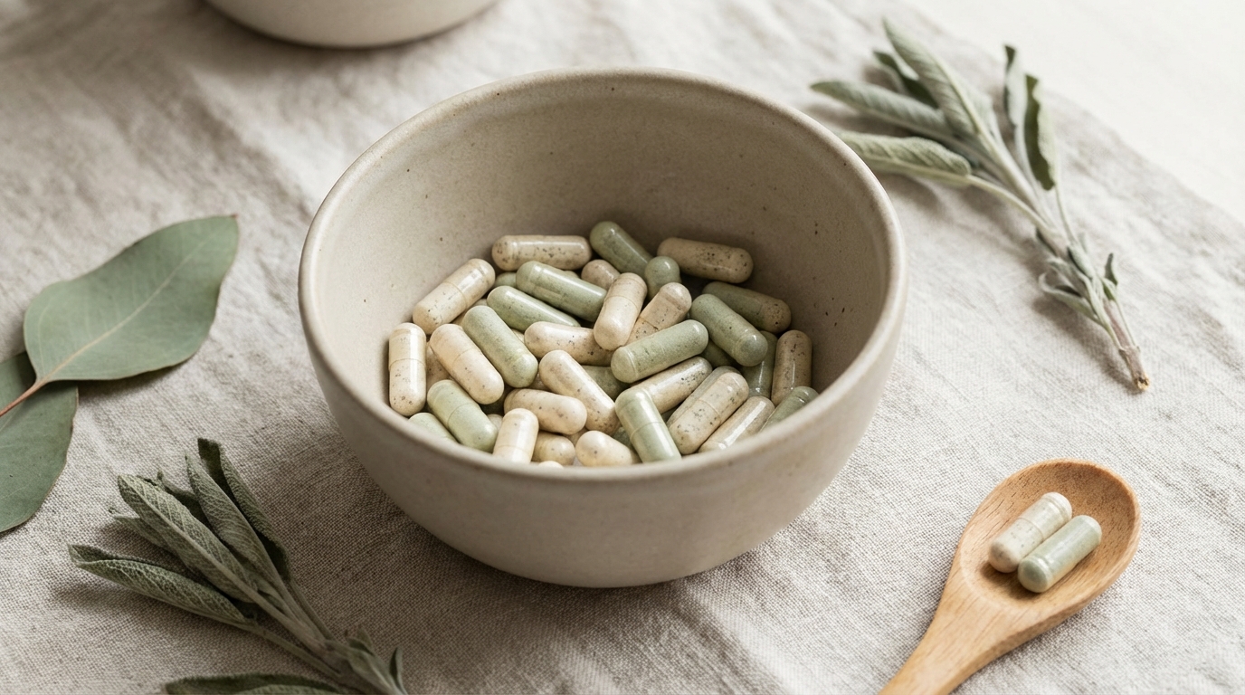 Natural supplement capsules in a ceramic bowl surrounded by dried herbs