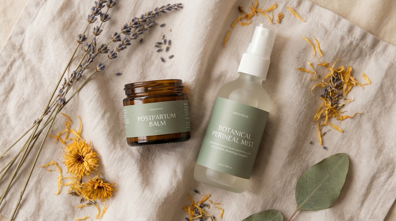 Natural postpartum recovery products with lavender and calendula on linen