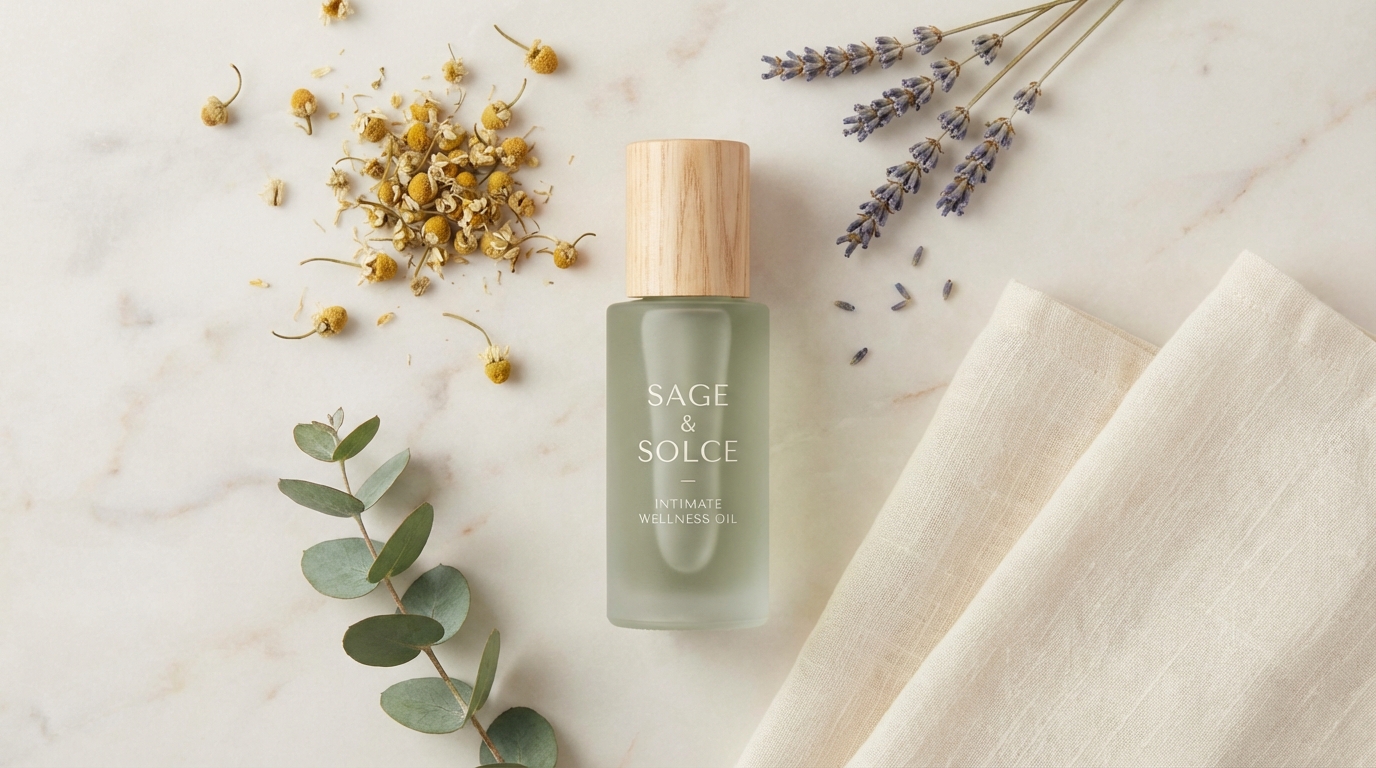 A frosted glass intimate wellness oil bottle on marble with eucalyptus and linen