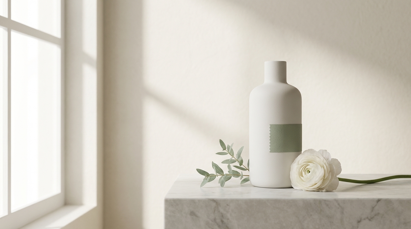 A minimal matte white wellness bottle on marble with a white ranunculus flower