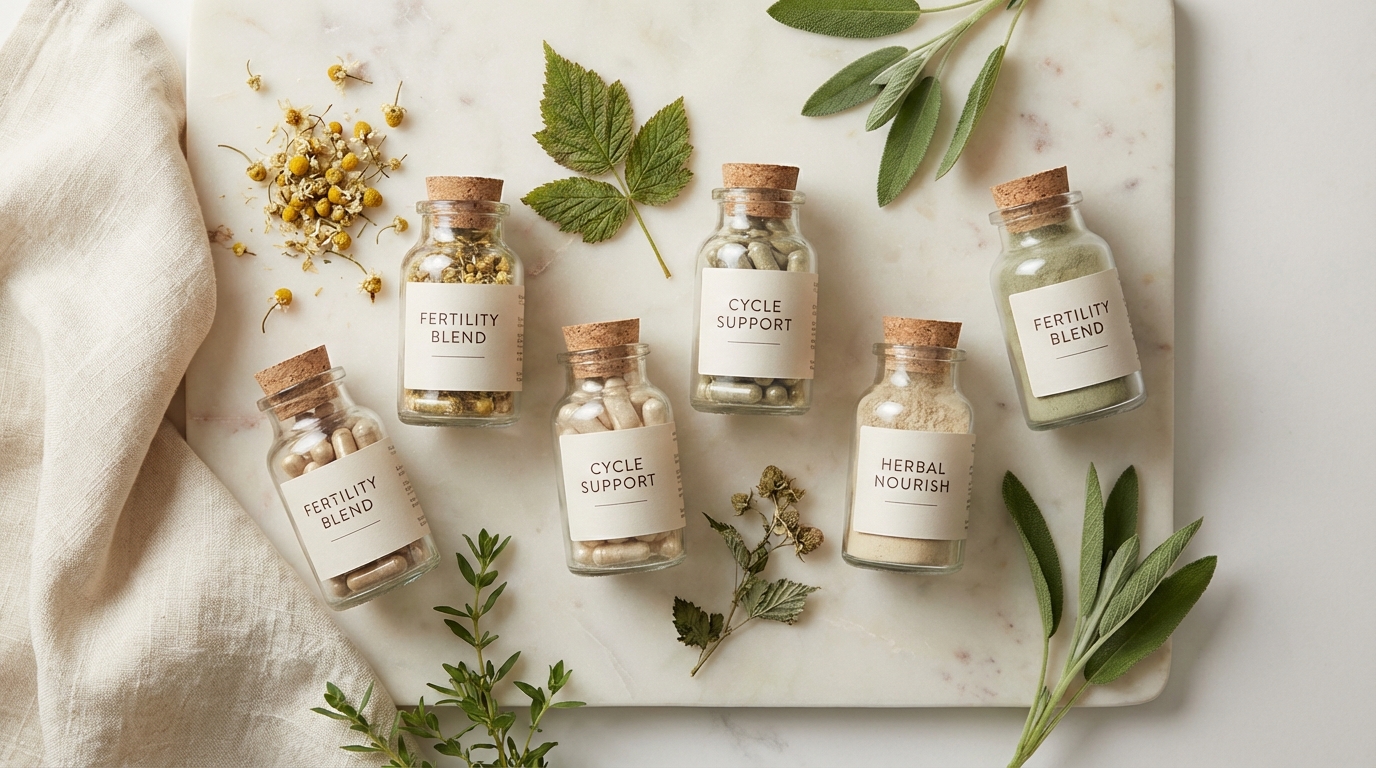 Glass supplement bottles on marble with fresh green herbs and dried botanicals