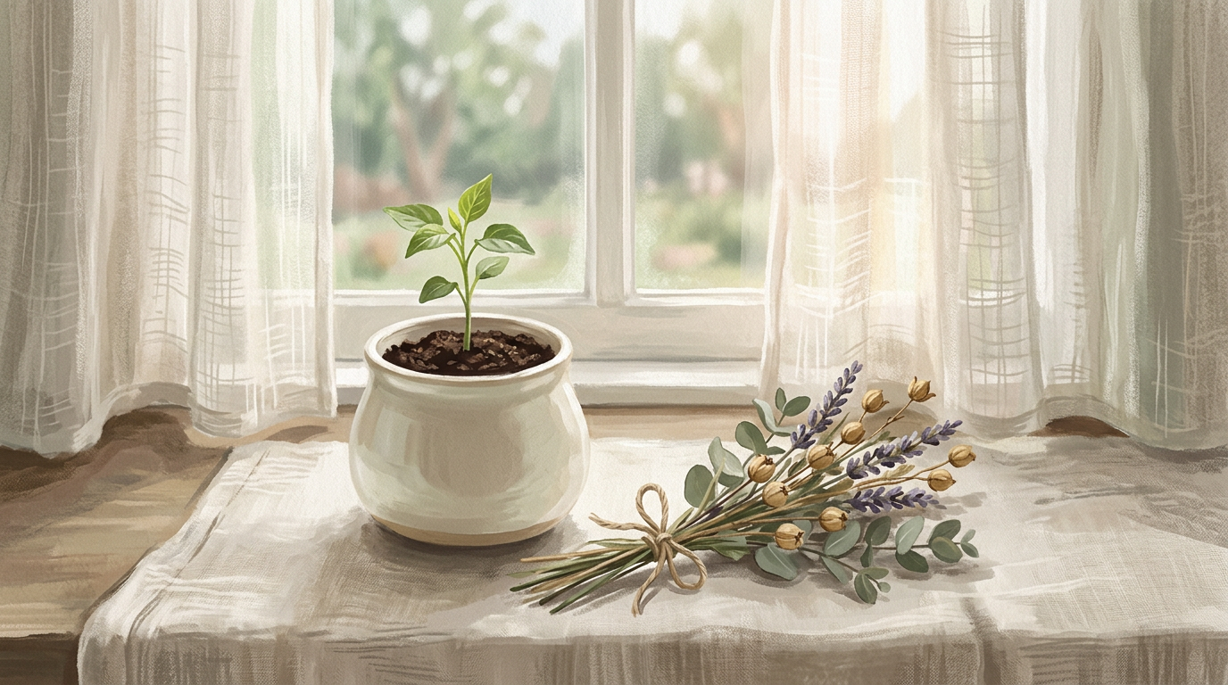 A small sprouting green stem in a cream ceramic pot with morning window light