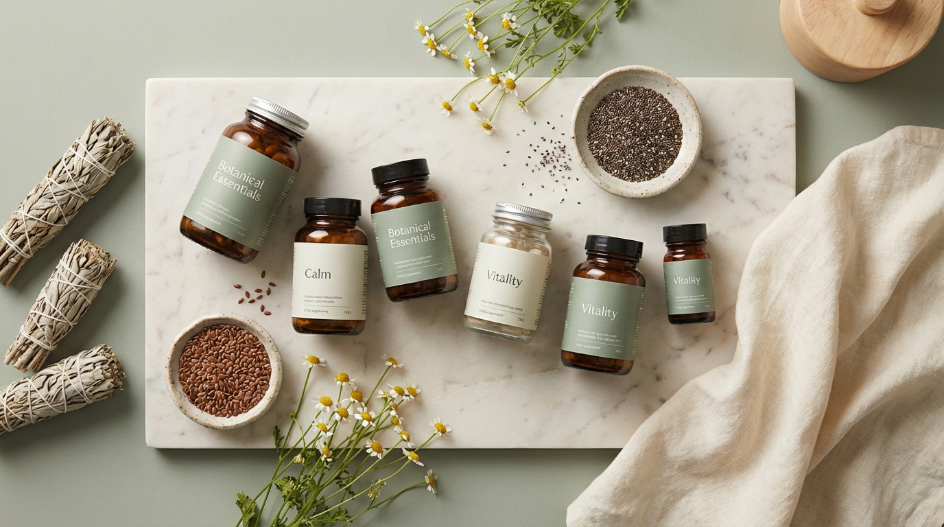 A collection of glass supplement bottles on marble with herbs and cream linen