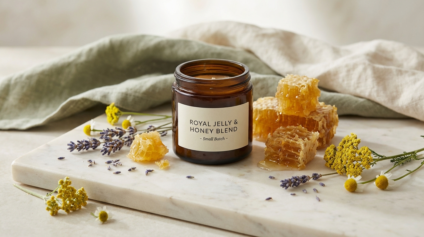 An amber glass jar of royal jelly on marble with honeycomb and wildflowers